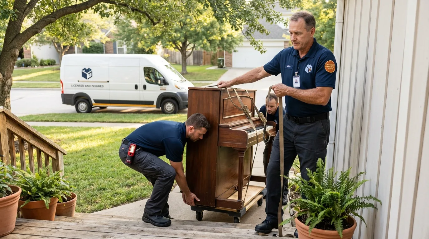 Licensed piano movers securing grand piano in Lahaina, HI