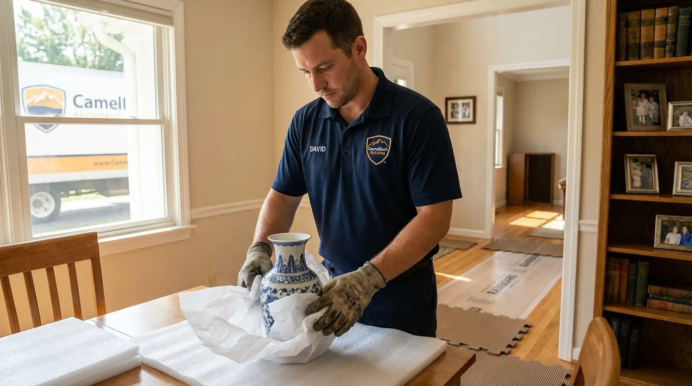 Professional crew carefully wrapping antique vase for senior downsizing move in Lahaina, HI